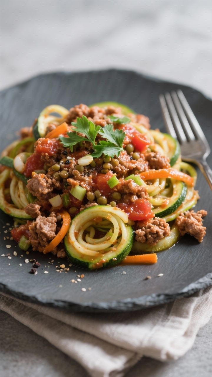 45-degree angle plated shot of turkey lentil bolognese over zucchini noodles: lean ground turkey sauce simmered with finely chopped onion, carrot, celery, minced garlic, tomato paste, and crushed tomatoes, tossed over spiralized zucchini, glossy and hearty; garnished with fresh parsley and a dusting of pepper, sauce clinging to zoodles, set on a matte slate plate with a napkin and fork.