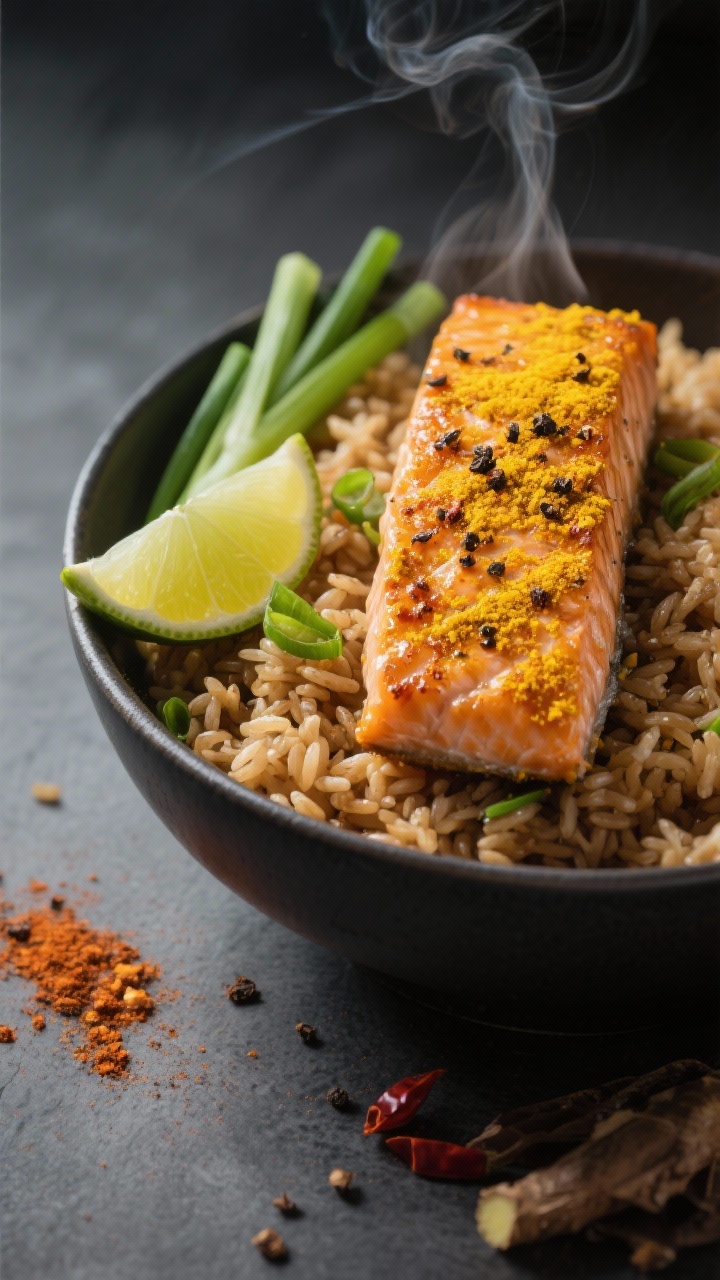 45-degree angle plated Spicy Turmeric Salmon Bowl: seared salmon fillets with a golden turmeric-chili crust, set atop fluffy ginger-infused brown rice. Garnish with sliced green onion and a wedge of lime, sprinkle of black pepper and chili powder visible. Warm, moody lighting to emphasize the spice crust; steam rising gently; minimal props, slate background.