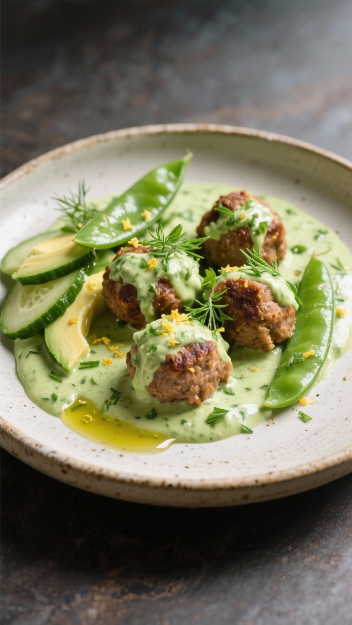 45-degree angle plated turkey meatballs in green goddess sauce: juicy browned turkey meatballs nestled in a creamy, herb-packed green sauce (avocado, parsley, chives, dill, yogurt), with cucumber slices and snap peas on the side; a drizzle of olive oil and lemon zest over the sauce; served in a shallow stoneware dish.