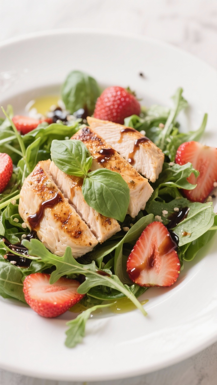 45-degree angle salad plate of strawberry basil balsamic chicken: sliced grilled chicken breast over mixed greens (arugula, spinach), juicy strawberry halves, torn basil, glossy balsamic drizzle, a touch of olive oil, salt and pepper. Bright, fresh spring palette on a white plate, soft daylight.