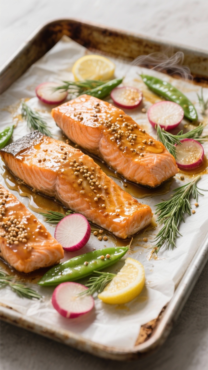 45-degree angle sheet-pan scene: honey-mustard glazed salmon fillets roasted alongside blushing roasted radishes and crisp snap peas; caramelized edges on the salmon, visible mustard seeds in the glaze, a few dill sprigs and lemon wedges scattered on the pan; parchment-lined metal tray on a rustic baking sheet, light steam and sticky glaze pooling, professional studio lighting emphasizing gloss.