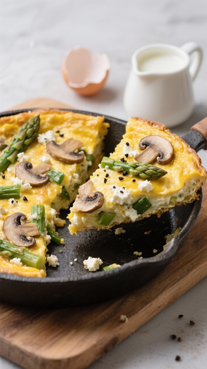 45-degree angle slice of asparagus and mushroom frittata with goat cheese: golden, puffed eggs with visible cremini slices and chopped asparagus tips, tangy goat cheese crumbles melted on top, black pepper flecks. Skillet on a wooden board, pie-style slice lifted, a small pitcher of milk and cracked eggshells in background.