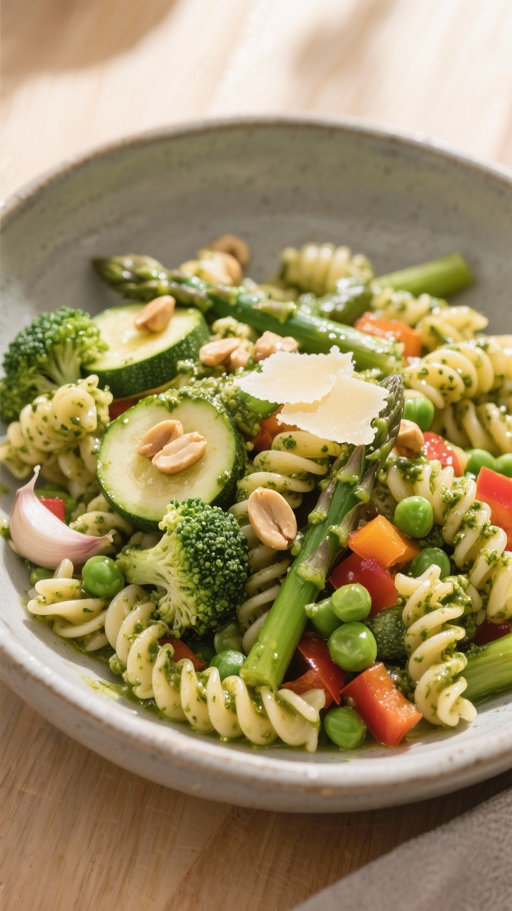 45-degree angle, vibrant final bowl of veggie-packed pesto fusilli: corkscrew pasta slicked with basil pesto, tossed with a colorful mix of small-chopped vegetables—zucchini half-moons, tiny broccoli florets, bite-size asparagus pieces, peas, and diced bell pepper—garlic notes evident; glossy olive oil finish, a few toasted pine nuts and Parmesan shavings on top; served in a matte ceramic bowl on a light wood table, natural daylight to pop the greens, clean and cheerful styling.