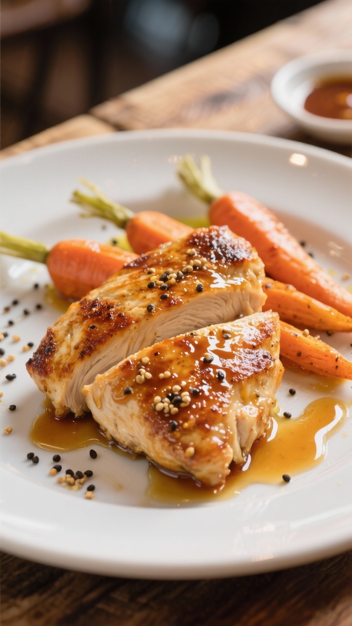 45-degree “bistro” plating of maple Dijon chicken: seared air-fried breasts glazed with a glossy mix of Dijon mustard, whole-grain mustard, and pure maple syrup whisked with olive oil and a pinch of black pepper; visible mustard seeds and amber glaze drips, served with roasted carrots and a small sauce smear, warm café lighting on a rustic wooden table.