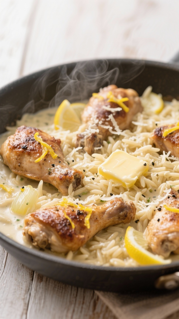 45-degree close-up of a one-pan creamy lemon Parmesan chicken orzo: bite-size browned chicken thighs nestled in glossy orzo bathed in a pale lemon-cream sauce, flecks of black pepper, melted Parmesan strands, sautéed yellow onion pieces visible; garnished with lemon zest and a pat of melting butter; served in a wide, shallow sauté pan on a light wood table, steam rising for cozy comfort-food mood.