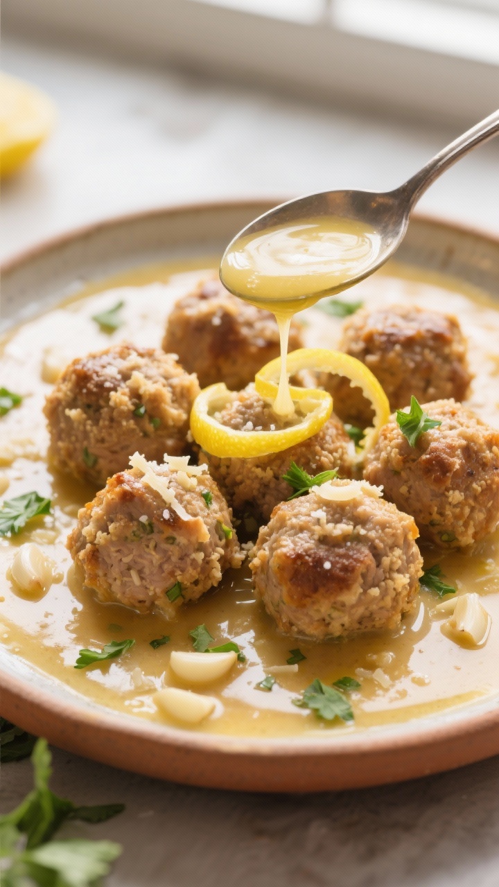 45-degree close-up of cozy turkey meatballs nestled in a glossy garlicky lemon-butter sauce: golden-brown meatballs made with ground turkey, panko, grated Parmesan, egg, parsley, and onion powder, speckled with minced garlic and kosher salt. A spoon drizzles lemony butter over the meatballs; lemon zest curls and chopped parsley scattered on a warm ceramic platter, soft window light.