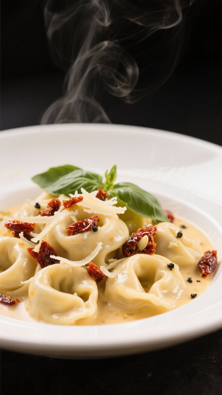 45-degree close-up of creamy sun-dried tomato tortellini twirled in a shallow white bowl: cheese tortellini coated in a glossy heavy-cream sauce speckled with chopped sun-dried tomatoes and minced garlic, olive oil sheen, ribbons of grated Parmesan, flecks of black pepper, a few torn basil leaves for contrast, steam gently rising.