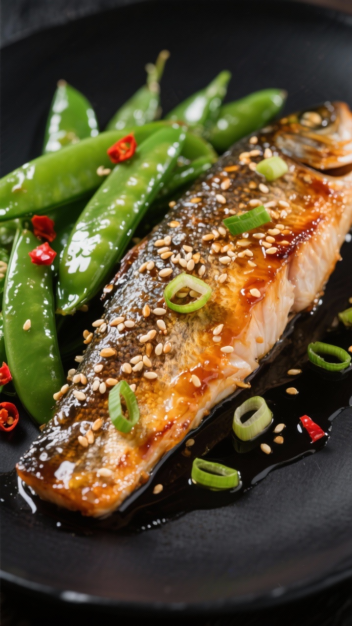 45-degree close-up of honey-garlic glazed trout with snap peas and sesame: trout fillet lacquered with a sticky honey-garlic glaze, garnished with toasted sesame seeds and scallions; sautéed snap peas glossy and bright alongside; a few red pepper flakes for heat; served on a matte black plate to pop the colors.