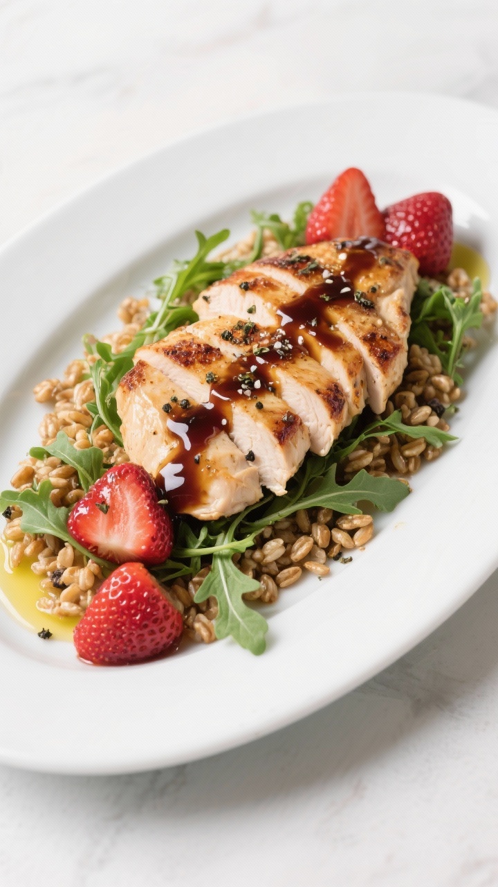 45-degree composed plate: strawberry-balsamic chicken with farro and arugula—seared chicken cutlets sliced and fanned over a bed of warm farro and peppery arugula, topped with glossy balsamic-glazed strawberries; olive oil sheen, kosher salt, black pepper, and a hint of dried Italian herbs visible; vibrant sweet-savory spring colors on a white plate.
