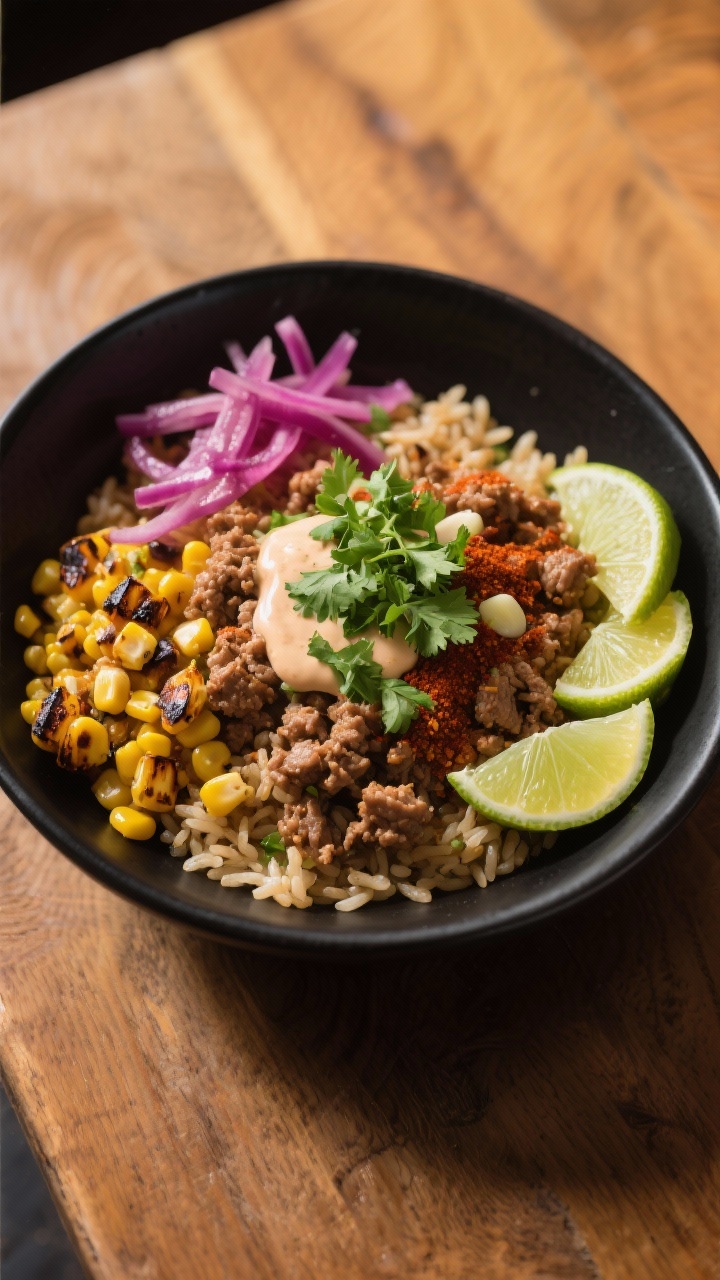 45-degree composed taco bowl: cilantro-lime brown rice base with savory garlic-lime ground turkey crumbles seasoned with chili powder, cumin, smoked paprika, and kosher salt; charred corn kernels, quick-pickled magenta onions, and lime wedges arranged neatly; drizzle of a light crema and sprinkle of chopped cilantro; matte black bowl on a warm wood table.