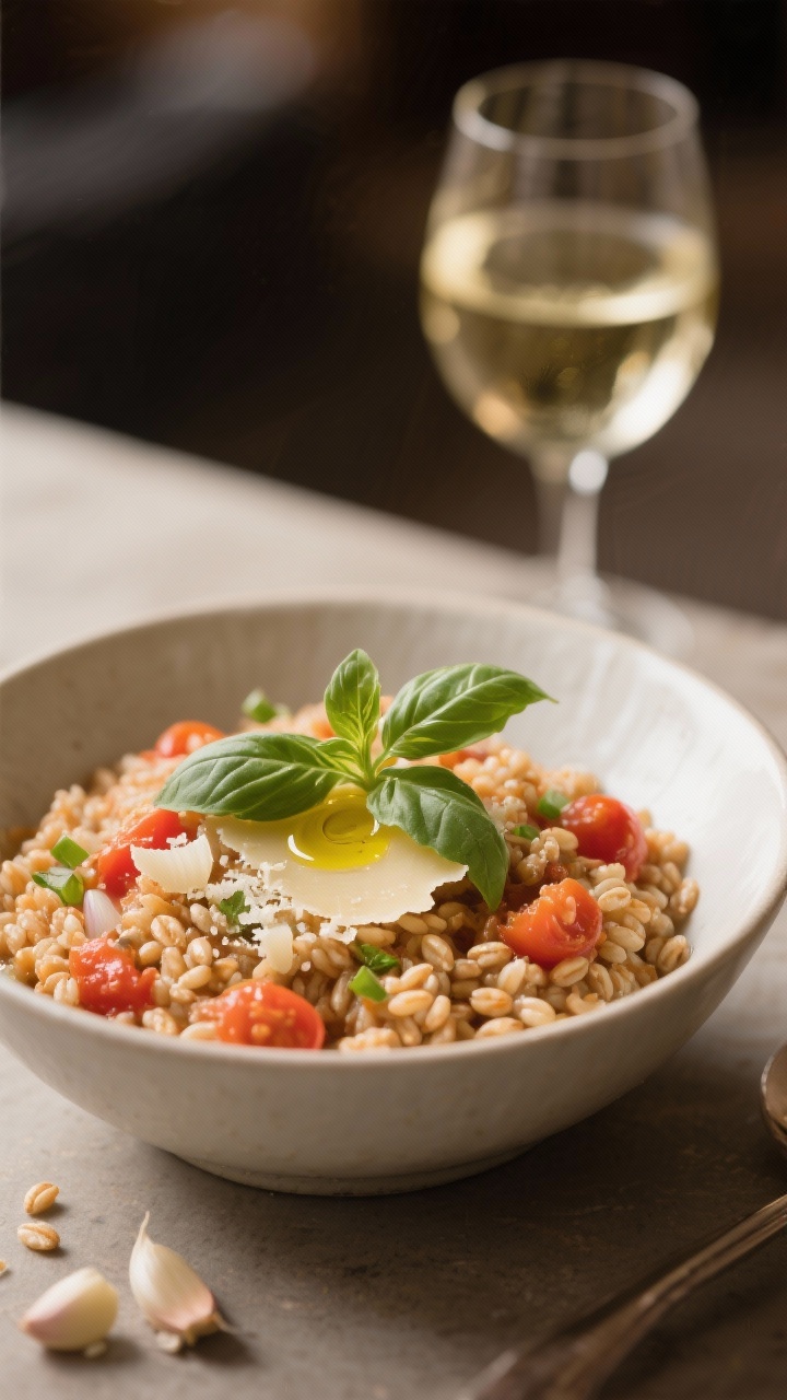 45-degree cozy bowl of tomato-basil farro “risotto”: pearled farro cooked creamy with tomato, finished with fresh basil ribbons, a swirl of extra-virgin olive oil, and a shower of grated Parmesan; finely chopped onion and garlic notes visible; optional white wine depth implied by a stemless glass in background; warm, inviting light.