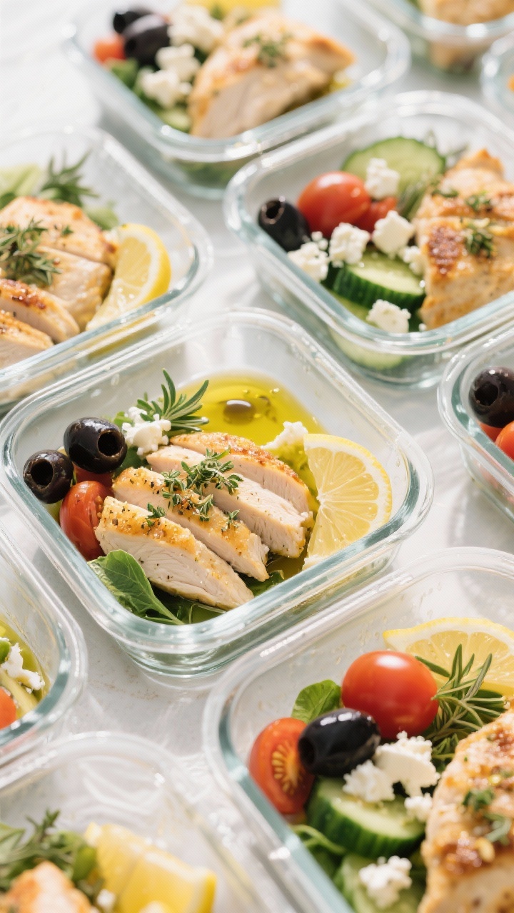 45-degree Mediterranean plated meal-prep layout: sliced air-fried chicken breasts seasoned with olive oil, lemon juice and zest, dried oregano, basil, and thyme; arranged in glass meal-prep containers with Kalamata olives, cherry tomatoes, cucumber, crumbled feta, and lemon wedges; drizzle of olive oil and oregano sprinkled on top, bright daylight for fresh coastal vibe.