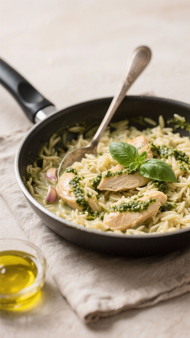 45-degree one-pot comfort: creamy pesto chicken orzo in a wide, shallow sauté pan. Tender chicken pieces folded into glossy orzo with a buttery sheen, minced garlic visible, ribbons of basil pesto swirled through, and a few fresh basil leaves on top. Spoon resting in the pan showing the velvety starchiness. Neutral linen and olive oil drizzle nearby. Soft, diffused light highlighting the creamy texture and green pesto marbling.