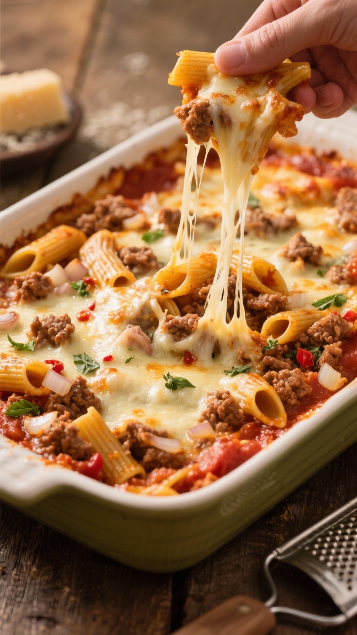 45-degree plated bake: a casserole dish of baked turkey ziti with gooey mozzarella pulls captured mid-lift, stretchy cheese strands catching the light. Visible ridges of ziti, browned ground turkey, diced onion, minced garlic, dried basil and oregano, a whisper of red pepper flakes, and a rich tomato sauce; edges caramelized. Served on a rustic table with a parmesan grater nearby, warm golden light.