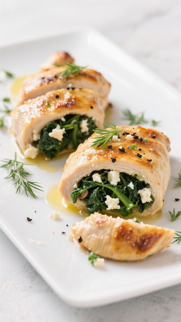 45-degree plated Baked Feta and Spinach Stuffed Chicken Breasts: juicy small chicken breasts sliced to reveal a vibrant filling of wilted baby spinach, minced garlic, reduced-fat feta crumbles, and fresh dill/parsley; lightly golden exterior with olive oil sheen, cracked black pepper and a pinch of salt on top; presented on a white plate with extra herbs.