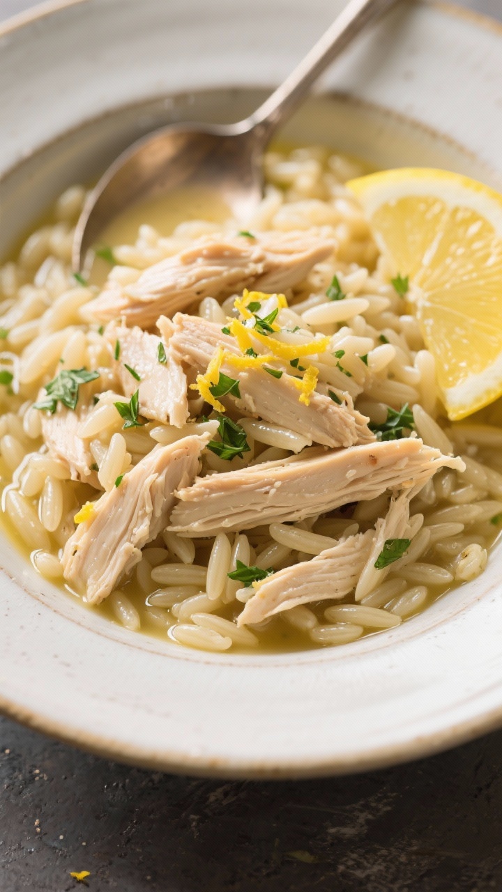 45-degree plated one-pot orzo: lemon-herb orzo glossy with chicken broth reduction, tossed with shredded rotisserie chicken, flecks of lemon zest and chopped herbs, a squeeze of lemon juice pooling slightly, pearls of orzo distinct but creamy, served in a wide-rimmed bowl, spoon marks showing silkiness.