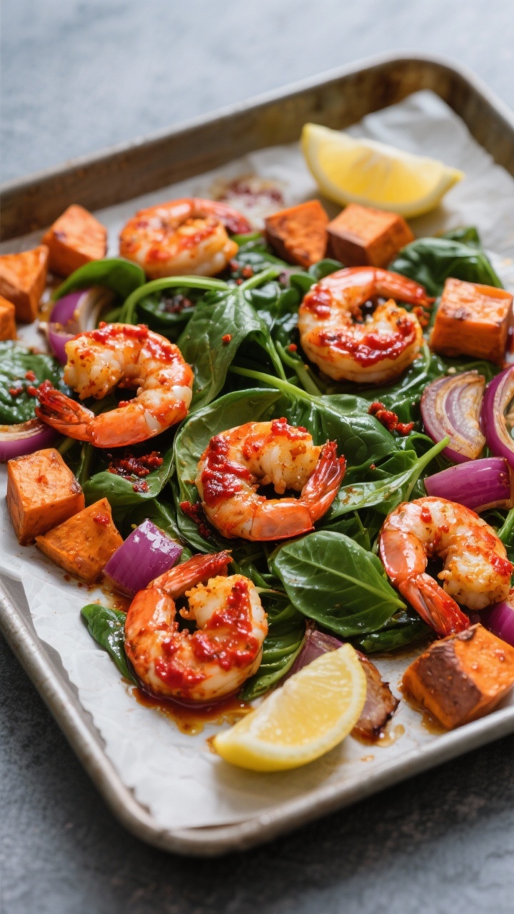45-degree sheet-pan scene of harissa shrimp with sweet potato and greens: plump shrimp coated in fiery red harissa, nestled among 1/2-inch sweet potato cubes and sliced red onion, roasted until caramelized. A handful of baby spinach wilted in at the end, glossy from divided olive oil, with lemon wedges for brightness. The harissa’s deep red against orange sweet potatoes and emerald greens pops; minimal styling on a parchment-lined tray with a cool slate background.