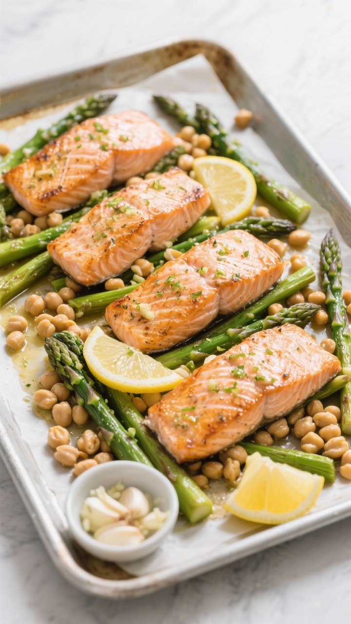 45-degree sheet pan scene of Lemon-Garlic Salmon with Asparagus and Chickpeas: four skin-on salmon fillets roasted with garlic, lemon zest, and lemon slices, nestled among trimmed asparagus spears and crispy chickpeas; light olive oil sheen, golden edges on chickpeas, asparagus vibrant green; served on parchment-lined metal sheet pan with a small bowl of minced garlic and half a zested lemon nearby; airy, Mediterranean feel.