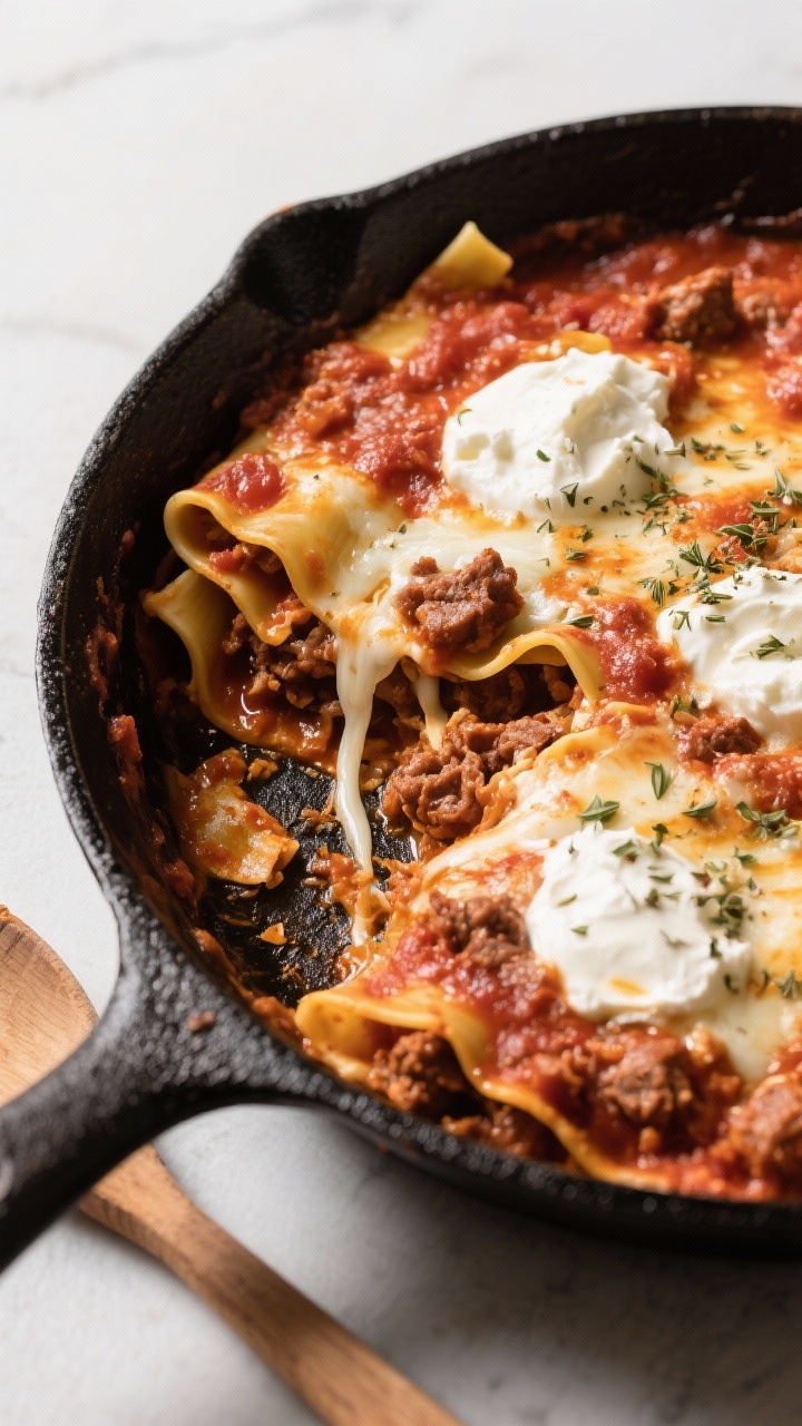 45-degree skillet scene: lazy skillet lasagna in a black cast-iron pan, craggy broken lasagna noodles peeking through a bubbling marinara and beef/Italian sausage sauce, dollops of ricotta and melted mozzarella stretch, Italian seasoning sprinkled on top, edges lightly browned, a wooden spoon resting nearby.