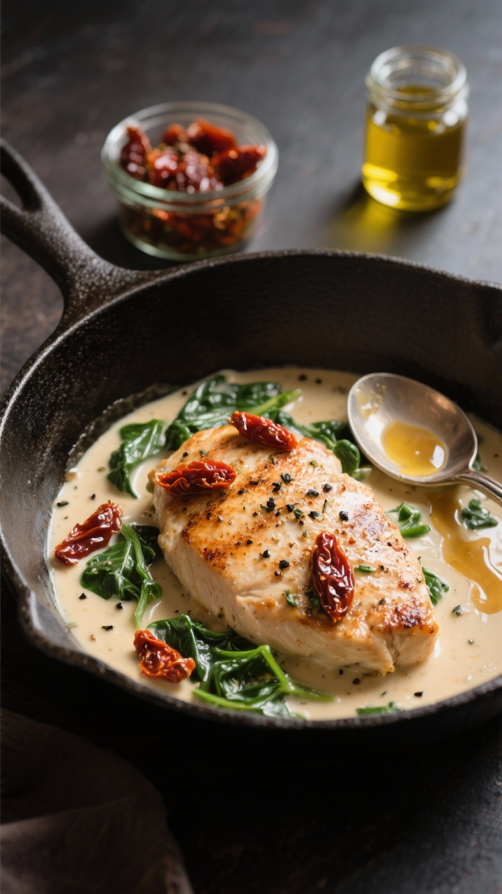 45-degree skillet scene of creamy Tuscan chicken: seared chicken cutlets nestled in a silky cream sauce studded with sun-dried tomatoes and wilted spinach, flecks of Italian seasoning and black pepper visible. Use a cast-iron skillet with a spoon trail showing sauce thickness, a small jar of oil-packed sun-dried tomatoes with glistening oil nearby, and a drizzle of the tomato oil on the surface. Warm, moody light, shallow depth of field to emphasize the creaminess and tomato sheen.