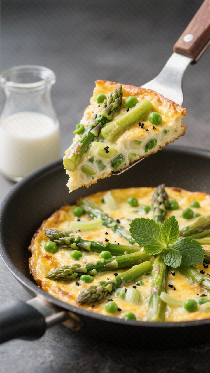 45-degree slice shot of an asparagus, pea, and mint frittata: tender spears of asparagus and sweet green peas suspended in a custardy egg base with flecks of leek, lightly browned top; garnished with fresh mint leaves and black pepper; a wedge lifted on a spatula showing creamy interior; set in a nonstick skillet with a small carafe of milk nearby.