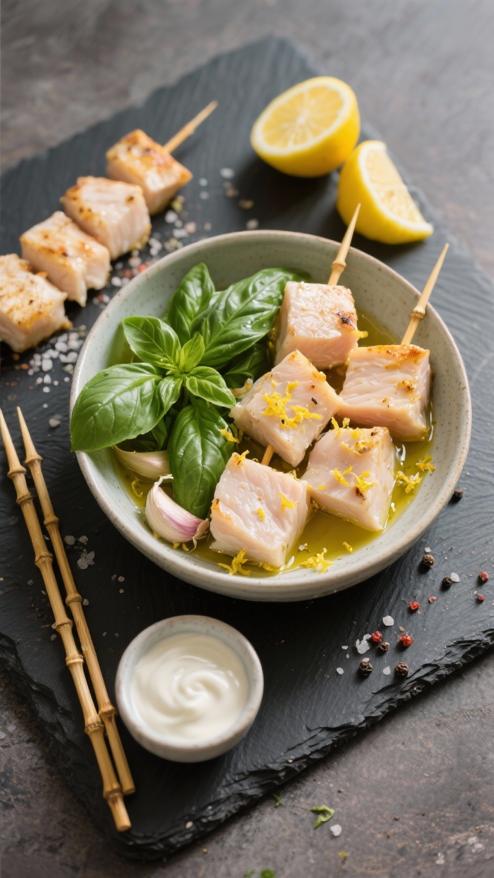 5-inch chicken breast cubes in a bowl with olive oil, minced garlic, lemon zest and juice, kosher salt, black pepper, and a generous bunch of fresh basil leaves; bamboo skewers, a small bowl of tangy yogurt drizzle, and lemon halves ready to grill; arranged on a dark slate board for color pop, bright natural light.