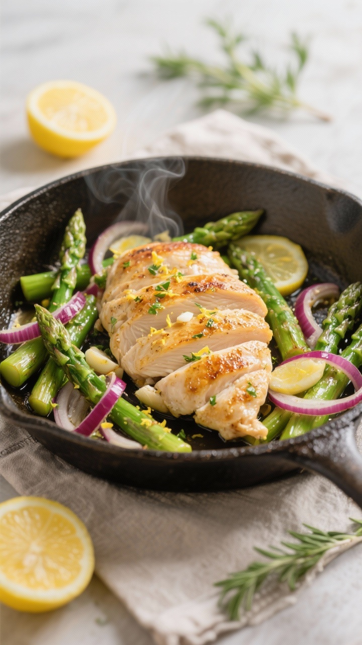 A 45-degree angle skillet shot of lemony herb chicken with asparagus: thinly sliced boneless skinless chicken breasts seared golden with minced garlic, thinly sliced red onion ribbons, and bright asparagus pieces cut into 2-inch lengths; lemon zest flecks and fresh lemon juice glistening on the chicken; steam rising, light olive oil sheen, rustic cast-iron pan on a neutral linen with lemon halves and fresh herb sprigs nearby; crisp, clean spring mood, sharp focus on juicy chicken and vibrant green asparagus.