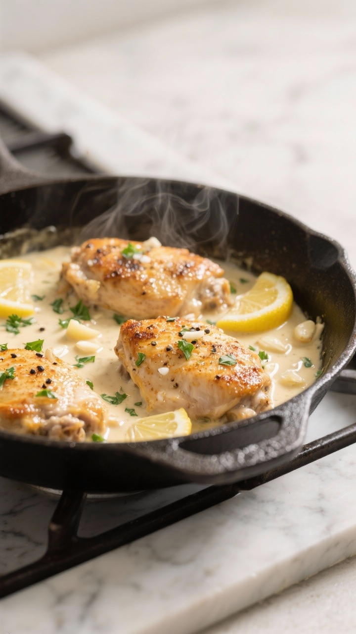 A 45-degree close-up of creamy lemon-garlic skillet chicken thighs simmering in a cast-iron pan: golden-seared boneless skinless thighs speckled with kosher salt, black pepper, and garlic powder, bathed in a glossy cream sauce with visible minced garlic and lemon slices; olive oil sheen, steam rising, chopped parsley scattered, set on a light marble stovetop for a cozy weeknight vibe, professional soft side lighting emphasizing velvety texture.