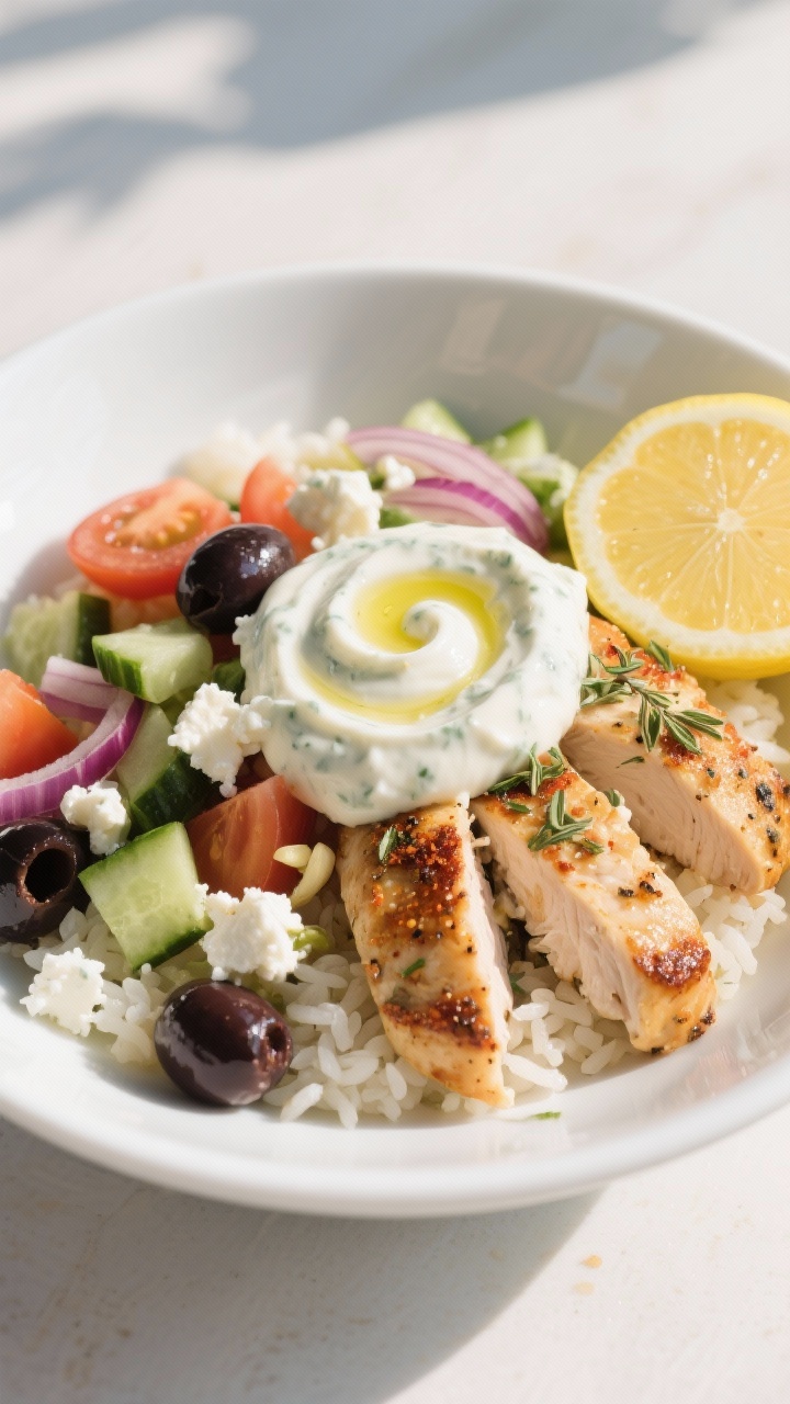 A fresh, 45-degree plated Greek chicken bowl: bite-size, well-seared chicken seasoned with dried oregano, garlic powder, smoked paprika, kosher salt, and black pepper; arranged over fluffy rice with chopped cucumber, tomato, red onion, kalamata olives, and crumbled feta; a generous swirl of glossy tzatziki on top, olive oil drizzle, lemon wedge on the side; bright Mediterranean colors, clean white bowl, sunlit feel.