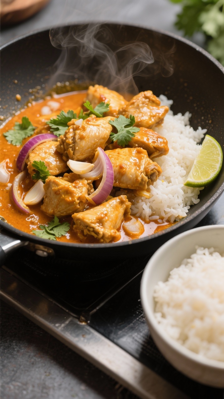 A steamy, 45-degree wok shot of 20-minute coconut curry chicken: bite-size chicken thigh pieces shimmering in a rich, orange-gold coconut curry sauce with thinly sliced onion and minced garlic visible; neutral oil gloss, gentle bubbles around the edges, scattered cilantro and a lime wedge nearby; served over fluffy rice in a bowl off to the side, vibrant, takeout-style comfort mood with saturated color.