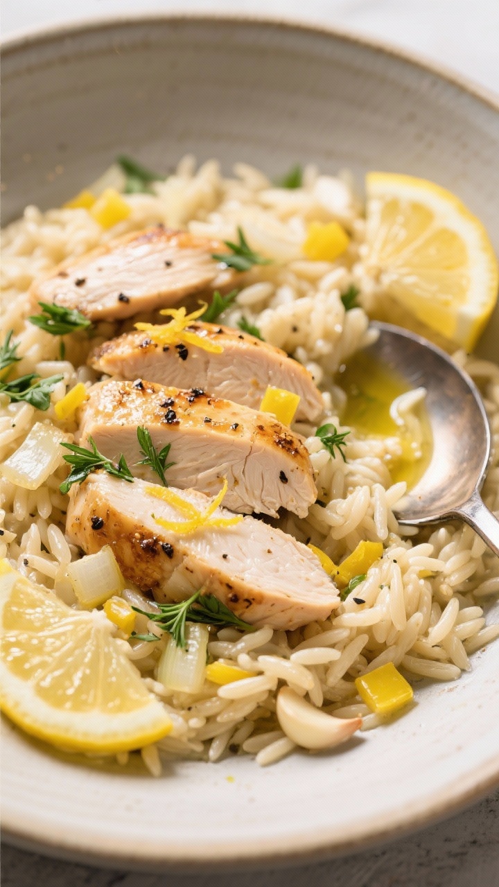 A warm, 45-degree plated shot of one-pot herby orzo with chicken and lemon: thinly sliced seared chicken breasts folded through glossy orzo studded with diced yellow onion and minced garlic, seasoned with Italian seasoning and black pepper; lemon zest and thin lemon wheels tucked in; drizzle of olive oil, torn herbs on top, presented in a wide shallow bowl with a spoon partially dipped into the creamy, starchy orzo for a cozy, weeknight comfort feel.