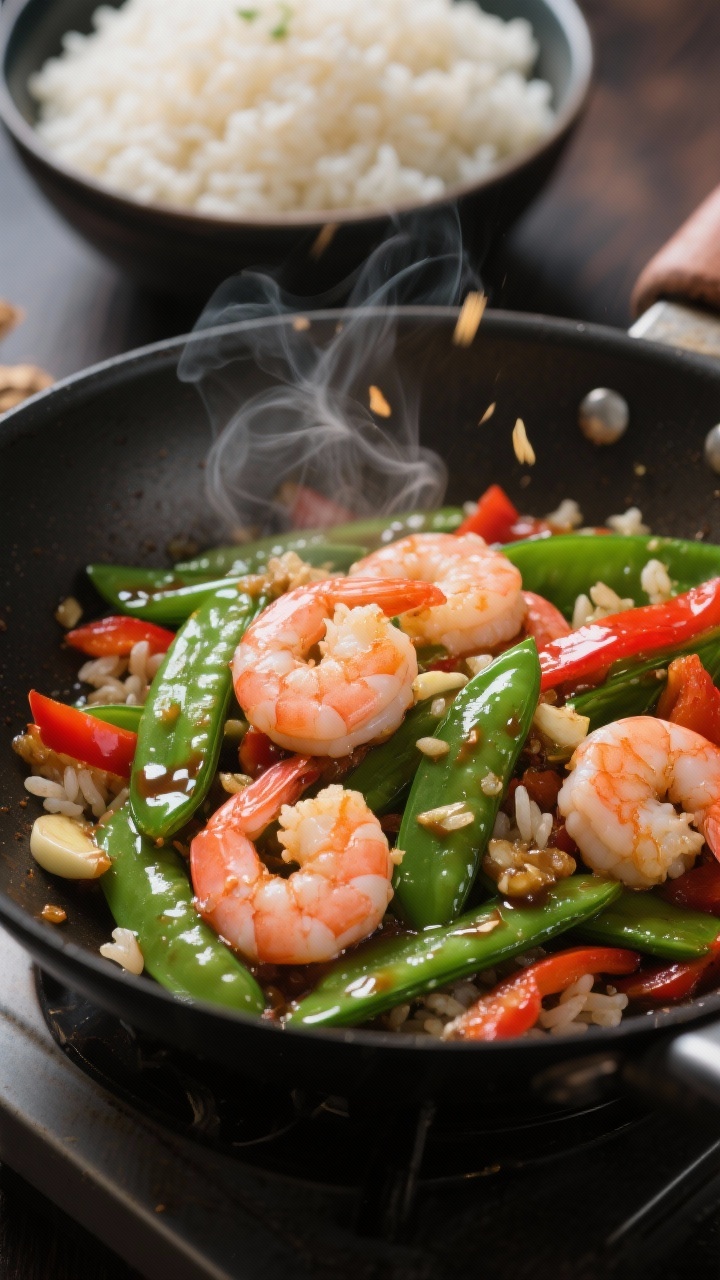 Action close-up of Garlicky Shrimp and Sugar Snap Pea Stir-Fry with Ginger Rice: large pink shrimp searing in a wok with vivid green sugar snap peas, thin strips of red bell pepper, visible minced garlic and ginger, a glossy low-sodium soy glaze clinging to the ingredients, steam rising; in the background a bowl of fluffy ginger-scented rice; saturated colors, shallow depth of field, dynamic motion.