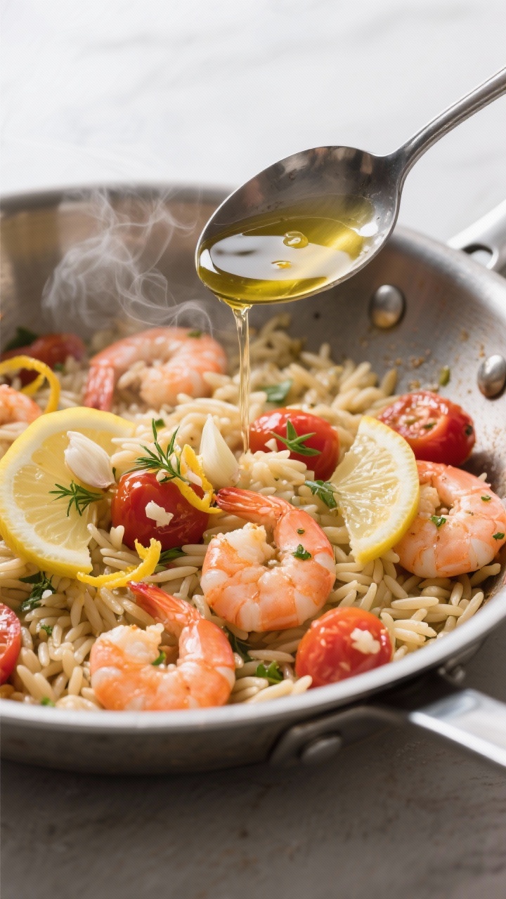 Action shot at 45 degrees: garlicky shrimp orzo in a stainless sauté pan, plump pink shrimp nestled into al dente orzo with cherry tomatoes, lemon slices/zest curls, and fresh herbs; a small ladle of low-sodium broth being poured in, visible steam; olive oil gloss and minced garlic bits catching the light.