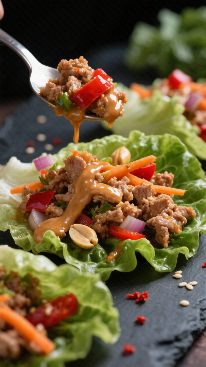 Close-up assembly of Spicy Turkey Lettuce Wraps: sizzling lean ground turkey sautéed with sesame oil, ginger, garlic, diced onion, red bell pepper, and shredded carrots, spooned into crisp lettuce cups; glossy peanut drizzle crossing each wrap, a few red pepper flakes for heat; textures pop with crunch and juiciness; shallow depth of field, dark slate background for contrast.