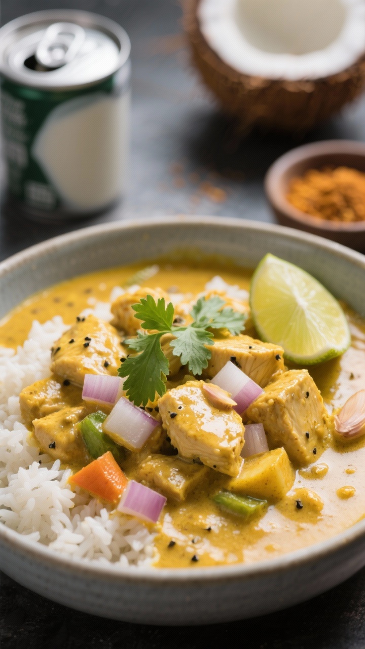 Close-up bowl of coconut curry chicken with veggies: tender chicken pieces in a creamy coconut curry sauce, turmeric-gold with specks of black pepper, studded with softened diced onion and visible minced garlic. Garnished with fresh cilantro and a lime wedge, served over jasmine rice in a matte ceramic bowl. A can of coconut milk and a small bowl of curry spice blend blurred in the background. Backlit to make the curry surface glisten, shallow depth of field for a lush, inviting look.