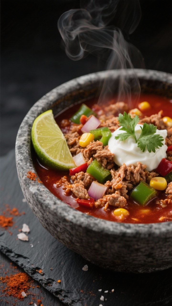 Close-up bowl of smoky turkey chili: chunky ground turkey studded with diced onion, green bell pepper, and sweet corn kernels; deep red broth layered with chili powder, ground cumin, smoked paprika, and salt, finished with a squeeze of lime (wedge on rim). A dollop of sour cream and sprinkle of cilantro optional; steam rising, matte stone bowl on a dark slate, moody contrast.