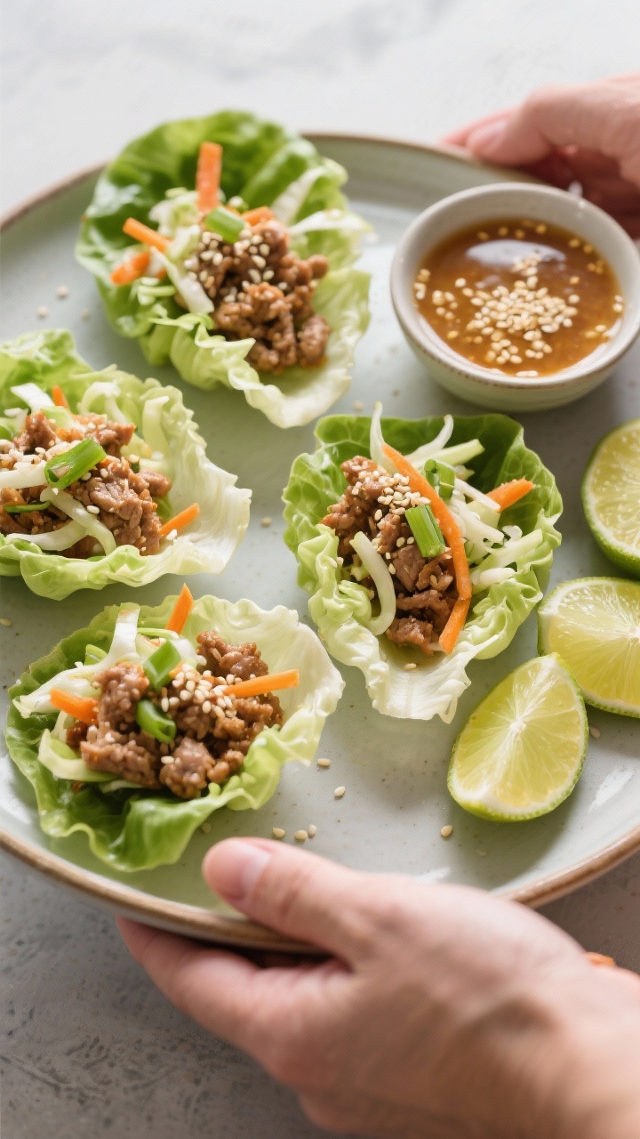 Close-up handheld-style display (no hands) of sesame-ginger turkey lettuce wraps on a platter: glossy ginger-garlic ground turkey spooned into crisp butter lettuce cups, topped with crunchy slaw of cabbage and carrots, scallions, and sesame seeds; lime wedges and a small bowl of sesame-ginger sauce alongside.