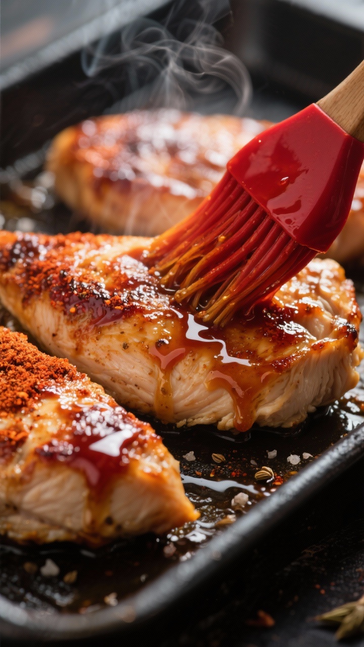 Close-up macro of smoky paprika honey–glazed chicken breast just out of the air fryer, lacquered with a sticky honey glaze infused with smoked paprika, chili powder, ground cumin, and kosher salt; caramelized edges and glossy drips, a basting brush with red-amber glaze in frame, set on a dark sheet pan for moody sweet-heat vibes, tiny wisps of steam rising.