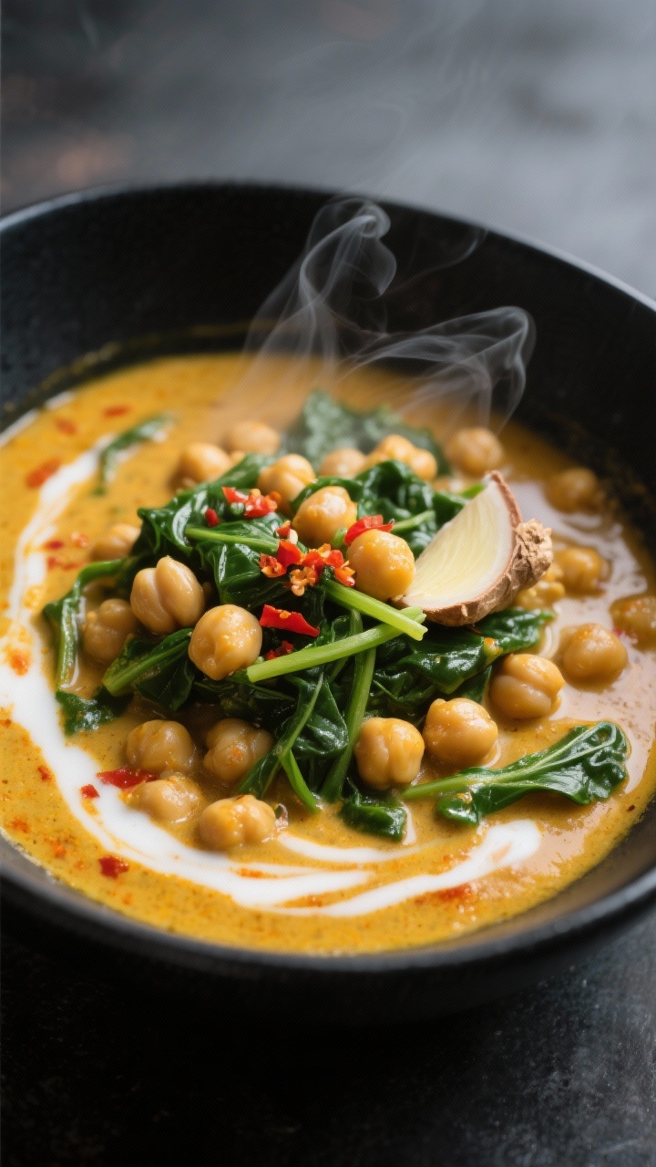 Close-up, moody bowl of cozy chickpea and spinach coconut curry: creamy coconut base tinted golden from yellow/red curry paste, tender chickpeas, ribbons of wilted spinach, aromatics of ginger and garlic visible; served in a matte black bowl with a swirl of coconut milk and a sprinkle of chili, steam curling up, 30-minute comfort.