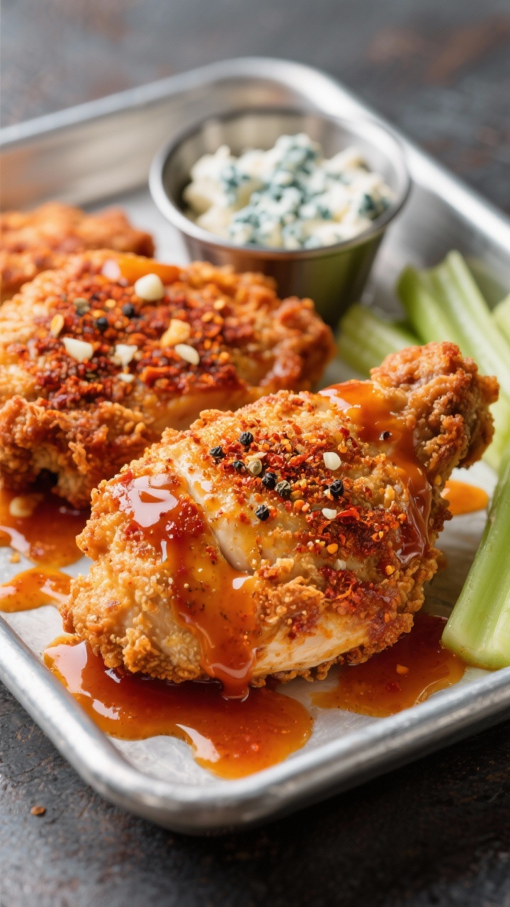 Close-up of Buffalo hot honey crunch chicken: air-fried breasts coated with a spice rub of garlic powder, onion powder, paprika, kosher salt, and black pepper, then glossed with a drizzle of hot honey Buffalo sauce; crispy, craggy surface emphasized, sauce pooling at edges, served on a small metal tray with celery sticks and a ramekin of blue cheese, dynamic game-night energy.