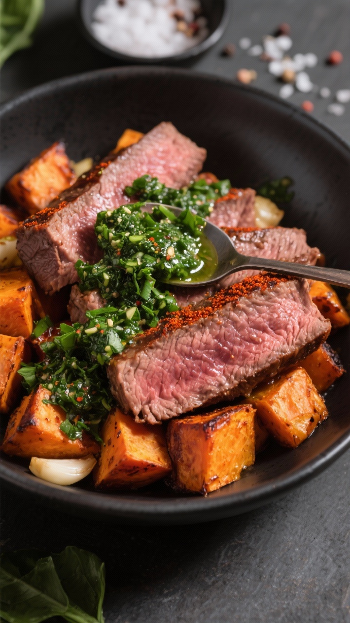 Close-up of Chimichurri Steak Bowl: medium-rare flank steak slices with smoked paprika char, draped over roasted sweet potato cubes with a hint of garlic, finished with a vibrant green chimichurri spooned over. Serve in a shallow dark bowl with coarse salt and pepper nearby; rich textures and saturation; shallow depth of field to highlight juicy steak and glossy herbs.