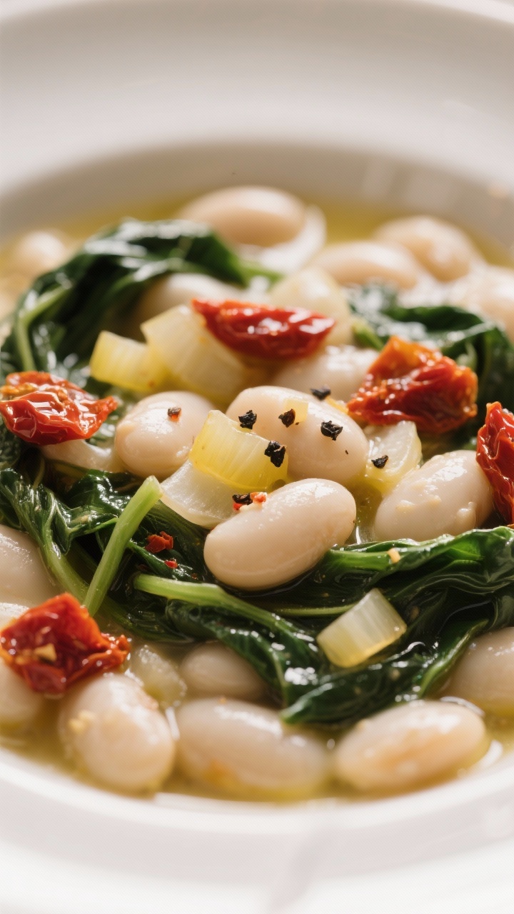 Close-up of creamy Tuscan white beans in a shallow bowl: cannellini beans simmered with finely chopped yellow onion, minced garlic, and a hint of red pepper flakes; ribbons of wilted spinach and jewel-like sun-dried tomato pieces throughout; olive oil sheen and a few cracks of black pepper on top; soft, cozy light to emphasize creaminess.