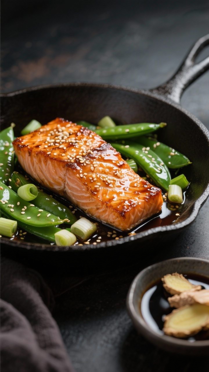 Close-up of ginger-soy salmon in a skillet: caramelized salmon fillets lacquered with low-sodium soy and sesame oil, nestled among vibrant sugar snap peas and 2-inch scallion pieces, glossy sauce pooling. Sesame seeds sprinkled, a small dish of soy and sliced ginger off to the side, moody side light for shine.