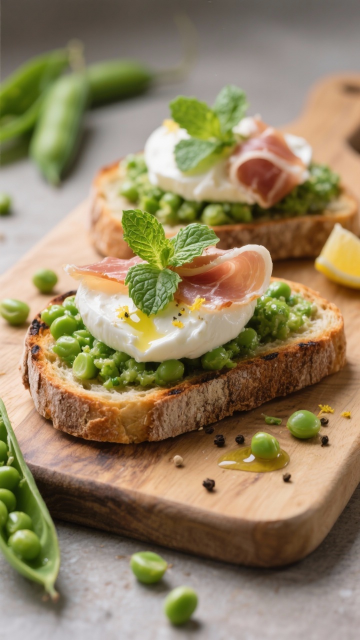 Close-up of pea, mint, and burrata toasts: rustic grilled sourdough topped with smashed sweet peas, torn creamy burrata, fresh mint leaves, and silky ribbons of prosciutto; drizzle of olive oil and a hint of lemon zest, a few cracked pepper flecks; cutting board setting with extra peas and mint sprigs in frame, soft diffuse light.