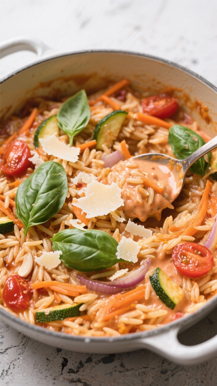 Close-up overhead of one-pot creamy tomato basil orzo: glossy orzo simmered with minced onion, garlic, crushed tomatoes, grated carrot and finely grated, squeezed-dry zucchini, finished silky and starchy; torn basil leaves folded in, parmesan shavings on top, spoon swirl showing creamy texture, served straight from a Dutch oven on a light stone backdrop.