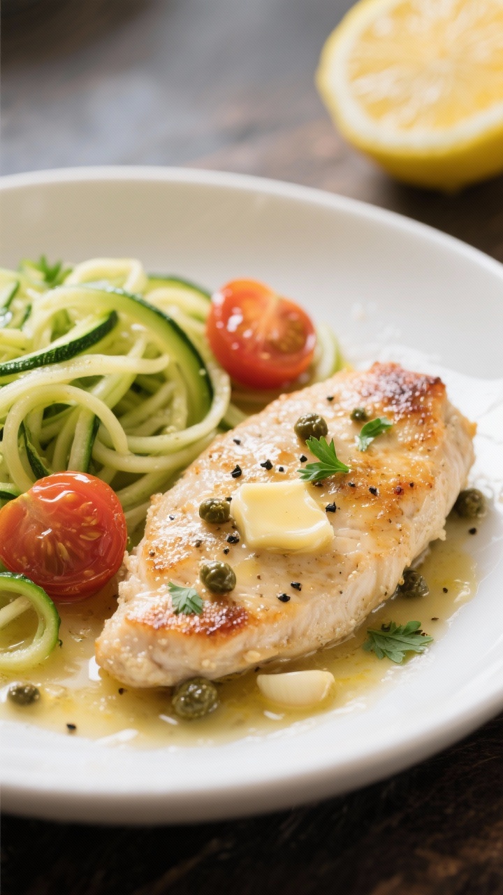 Close-up plated chicken piccata with zoodles: lightly floured, pan-seared chicken cutlets glazed in a lemony caper sauce with garlic; glossy strands of zucchini noodles twirled beside, blistered cherry tomatoes tucked in; butter-shine on the sauce, black pepper specks, and chopped parsley; shallow white bowl, lemon half in background.