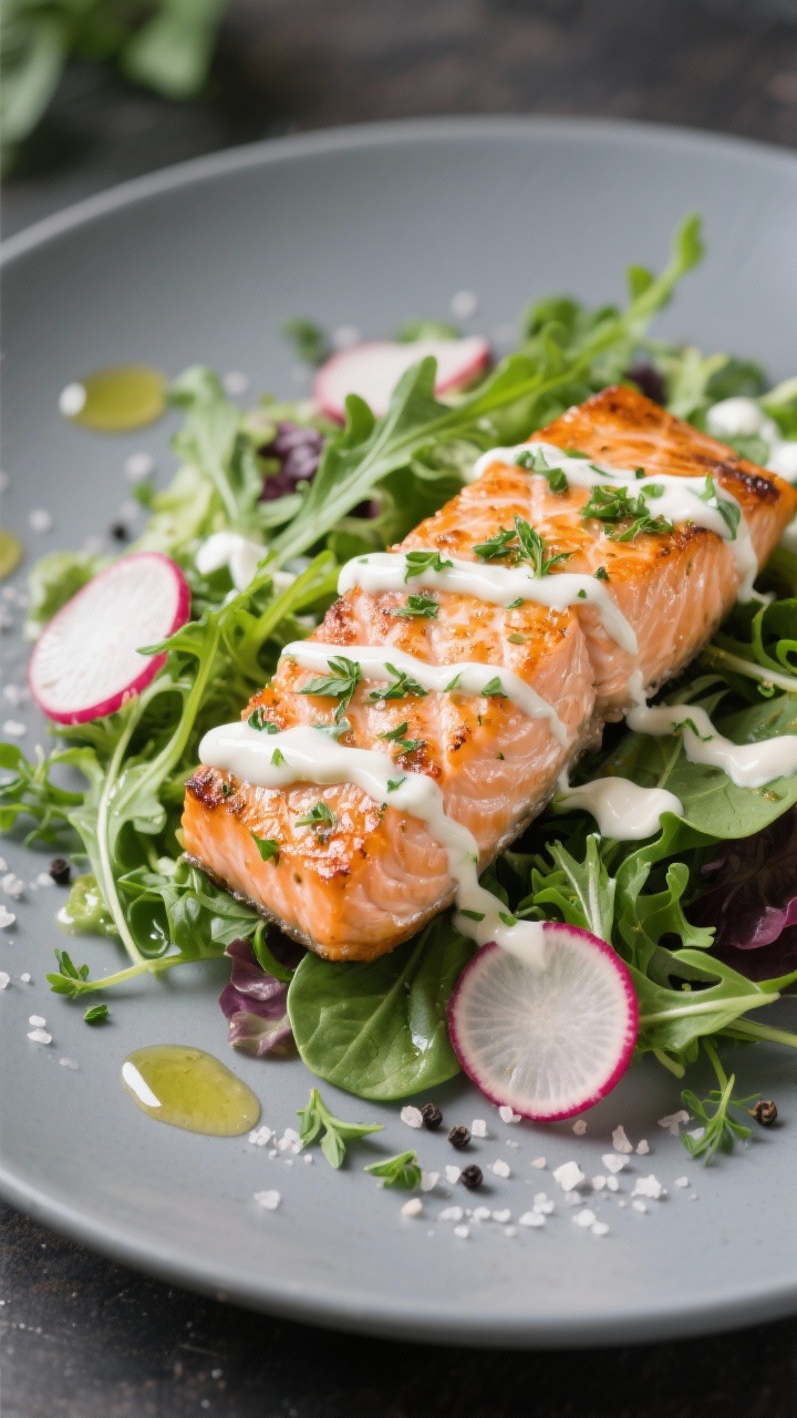 Close-up plated salad: herby seared salmon fillets with crisped edges flaked over mixed greens (arugula, baby spinach, spring mix) and thinly sliced radishes, topped with a creamy Greek yogurt herb dressing in soft ribbons; salt and black pepper visible, tiny droplets of olive oil shining; set on a cool gray plate with fresh herbs scattered.