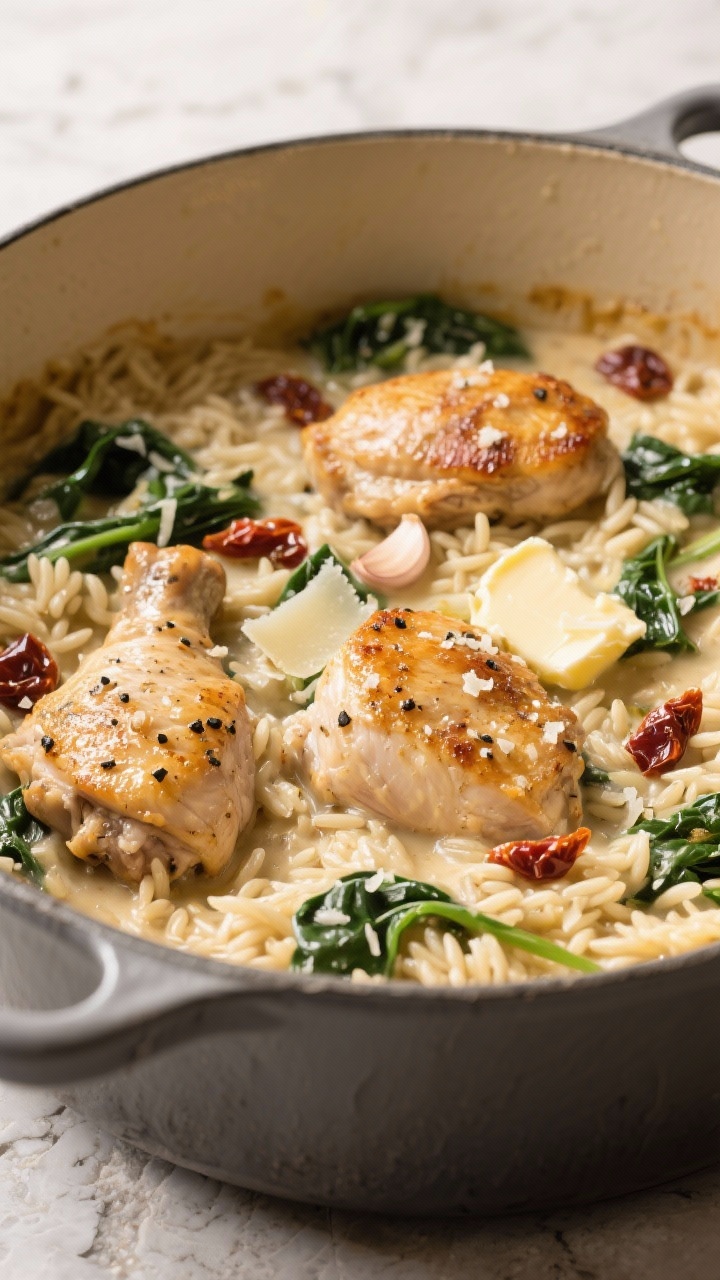 Close-up process shot of creamy Tuscan chicken orzo in the pot: bite-size seared chicken thighs with golden edges, seasoned with kosher salt and black pepper, nestled in creamy orzo; minced garlic visible, butter melting into the sauce, flecks of sun-dried tomato and wilted spinach (Tuscan vibe) folded through, a hint of grated Parmesan on top; shallow depth of field highlighting the glossy, velvety sauce clinging to the orzo, neutral stone countertop, soft directional light.