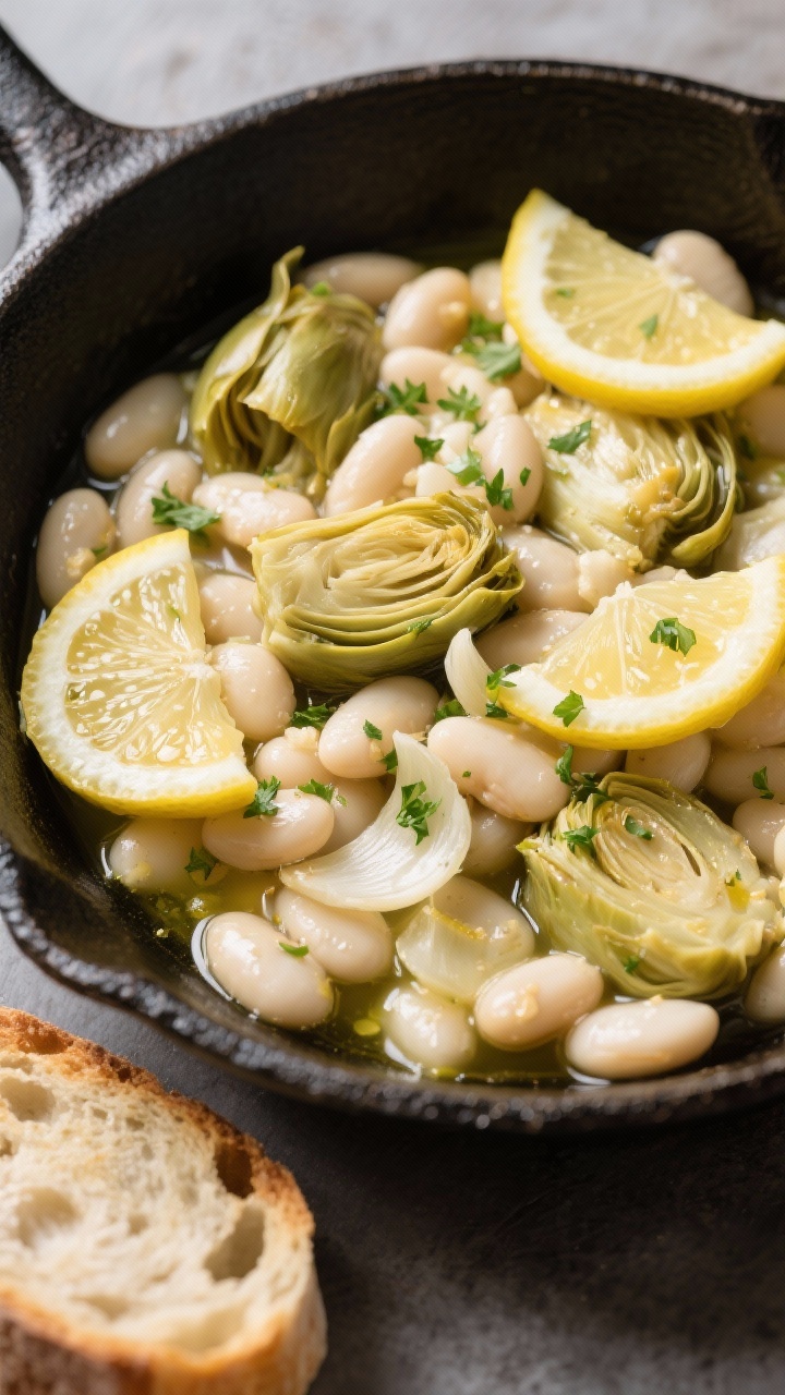 Close-up skillet of lemony white bean and artichoke: cannellini beans and quartered artichoke hearts simmered with thinly sliced garlic and shallot in olive oil, lemon slices and zest scattered, parsley sprinkle, brothy glaze visible. Crusty bread slice at edge, rustic cast-iron pan.