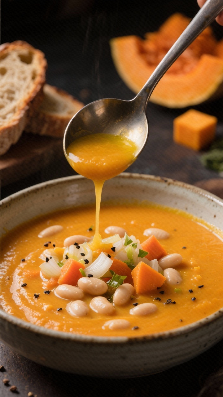 Close-up, straight-on capture of creamy butternut squash and white bean soup being ladled into a ceramic bowl: velvety orange puree with visible cannellini beans, flecks of sautéed onion, carrot, and minced garlic, olive oil sheen, topped with cracked black pepper and a drizzle of olive oil; toasted rustic bread and raw diced squash cubes styled in the background, warm moody lighting.